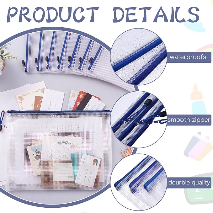 Zhehao 200 Pcs A4 Mesh Zipper Pouch Bulk Waterproof Mesh Zipper Organizer Plastic File Folder Case for School Office Supplies Document Board Games Puzzle (Blue)