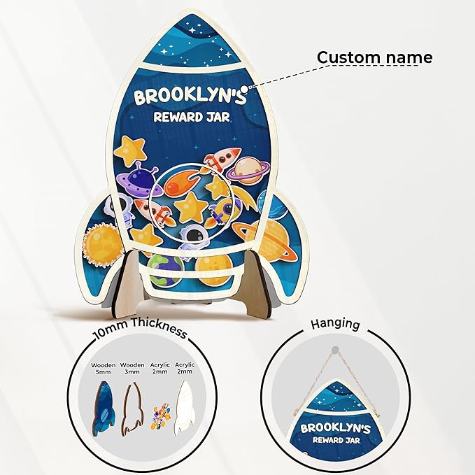 Personalized Rocket Ship Magnetic Reward Jar Colorful for Kids Potty Training Magnetic Token Good Behavior System Toddler Reward Routine Tool Back to School Gift for Boys Girls Classroom & Home Decor