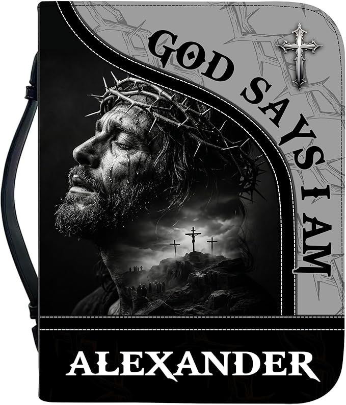 Custom Leather Bible Cover with Name – Personalized Bible Case for Women Zippered with Handle, Bookmark & Storage Pockets, Christian Gift for Mom, Daughter, Grandma (Man - God Says I Am, M-2XL)