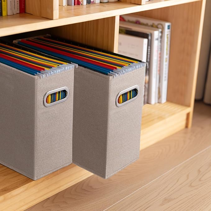 8 Pack Letter Size File Storage Box Collapsible，Fabric Hanging File Folders Organizer, Portable Office Document Holder with Metal Handle, Smooth PVC Rails, Beige
