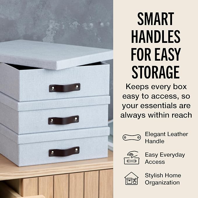 Bigso Oskar Canvas Fiberboard Document Letter Box | File Organizer Document Box for Important Paperwork | Document Storage Box with a Lid & Leather Handle | 3.3″x10.2″x13.8″ | 3 Pack | Ash