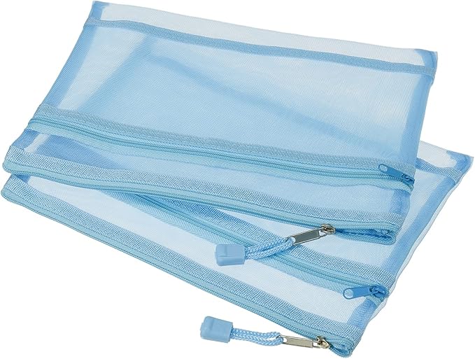 MECCANIXITY Mesh Zipper Bags, A5 Nylon Double Layer Zip File Pouch Storage Organizer Pockets for Travel Office Accessories, Blue Pack of 6