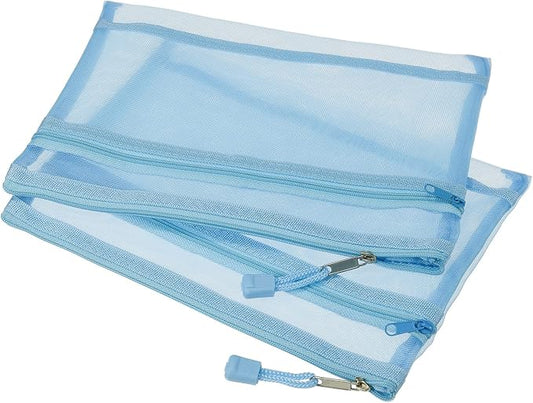 MECCANIXITY Mesh Zipper Bags, A5 Nylon Double Layer Zip File Pouch Storage Organizer Pockets for Travel Office Accessories, Blue Pack of 6