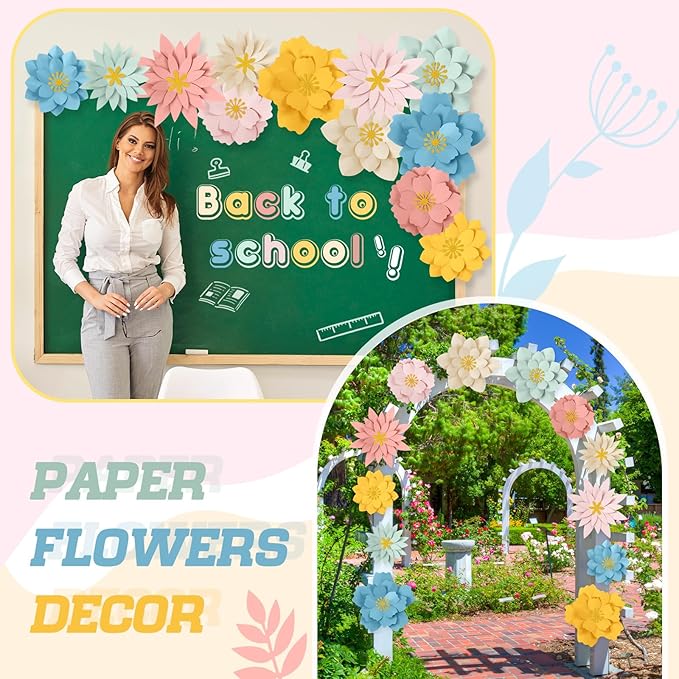 MotiMind 12 Pcs Paper Flowers Decorations for Wall DIY Paper Flowers Bulletin Board 3D Handcrafted Backdrop Decoration for Classroom Back to School Party(Morandi Color)