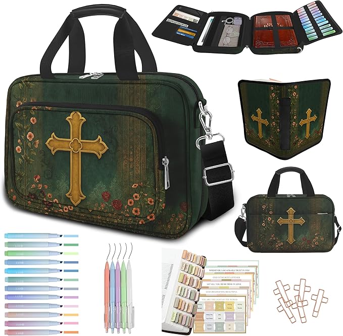 Boho Floral Bible Cover Case for Women, Large Bible Bag Bible Study Supplies Journaling Kit & Highlighters Tabs Pens Cross Clips, Book Carrying Cases w/Shoulder Strap Pocket Christian Gift