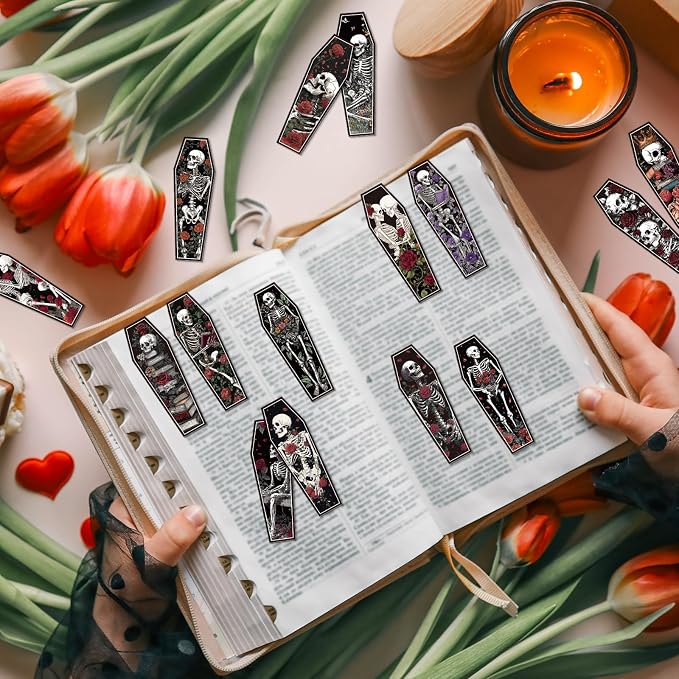 Wxiben Skeleton Coffin Magnetic Bookmark - 30 Pcs Gothic Skull Bookmarks for Book Lovers Skull Horror Book Marks Halloween Magnet Page Marker Clip Gifts for Women Men Students Teacher Reading Bookish