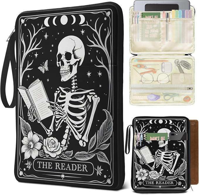 Skull Book Sleeve for Book Lovers, Paperback Book Protector Case, PU Leather Waterproof Book Pouch with Zipper, Gothic Skeleton Print Book Carrying Case for Hardcover, Book Cover for Men Boys