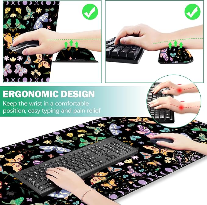 ARTSO Desk Mat Set, Black Butterfly Extended Gaming Mouse Pad with Wrist Rest Support +Keyboard Wrist Rest +Coaster, Large Cute Mousepad, Easy Typing and Pain Relief