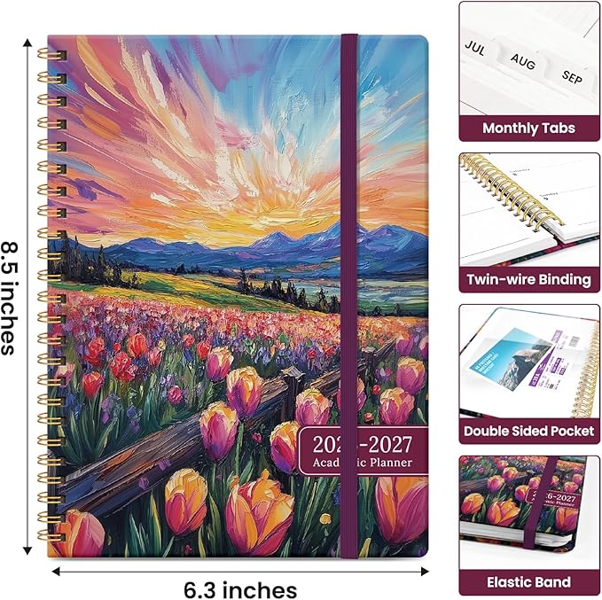 Planner 2026-2027, Academic Year Monthly and Weekly Calendar Planner, Jul 2026 - Jun 2027, Hardcover Teacher Student Planning Agenda book with Tabs, Perfect for School Office Supplies, 6.3" x 8.5" - Radiant Pastures