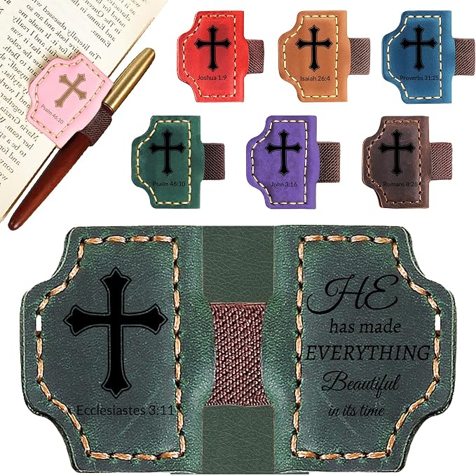 Personalized Leather Bookmark with Pen Holder - Magnetic Bible Verse Design, Christian Book Lovers Reading Accessory, for Book Lovers Men Women (Green, Ecclesiastes 3:11)