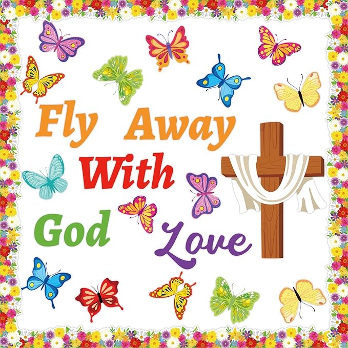 Spring Easter Bulletin Board Decorations Christian Religious Jesus Bulletin Board Set Fly Away with God Love Cross Cutouts Decor for Sunday School Classroom Teachers Students Supplies