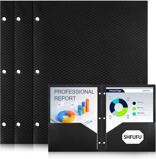 Textured 2 Pocket Folder, (24 Pack, Black) Plastic Folders with Pockets 3 Hole Punched, Fits Letter Size 3-Ring Binder, Heavy Duty Textured Folder for School,Office