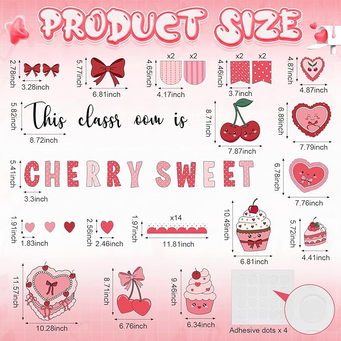 Pajean Valentine's Day Heart Bulletin Board Set Romantic Love Classroom Decorations Sweet Day Theme Paper Cutouts for Wall Window Decor School Office Supplies(Cherry Sweet)