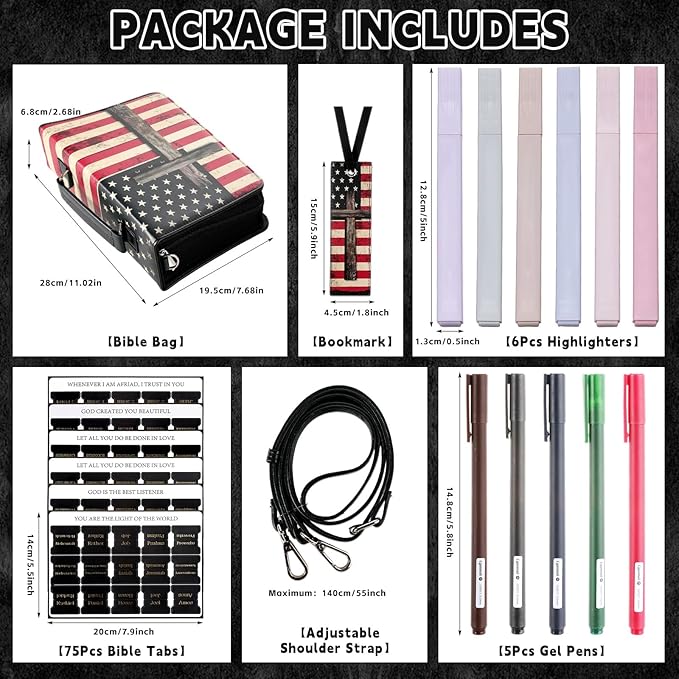 19PCS American Flag Leather Bible Cover for Men Bible Cover Cases for Mens Boys Christmas Gift Christian Carrying Bag Journaling Kit with Shoulder Strap Highlighter Pens & Book Marker Study Supplies