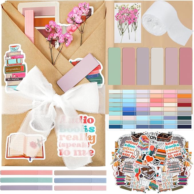 Marspark 6 Set Blind Date with a Book Gift Box Supplies Book Club Lovers Gifts Bulk Including Magnetic Bookmarks Stickers Tags Flowers Bookish Librarian Readers Present for Women Men(Baby's Breath)
