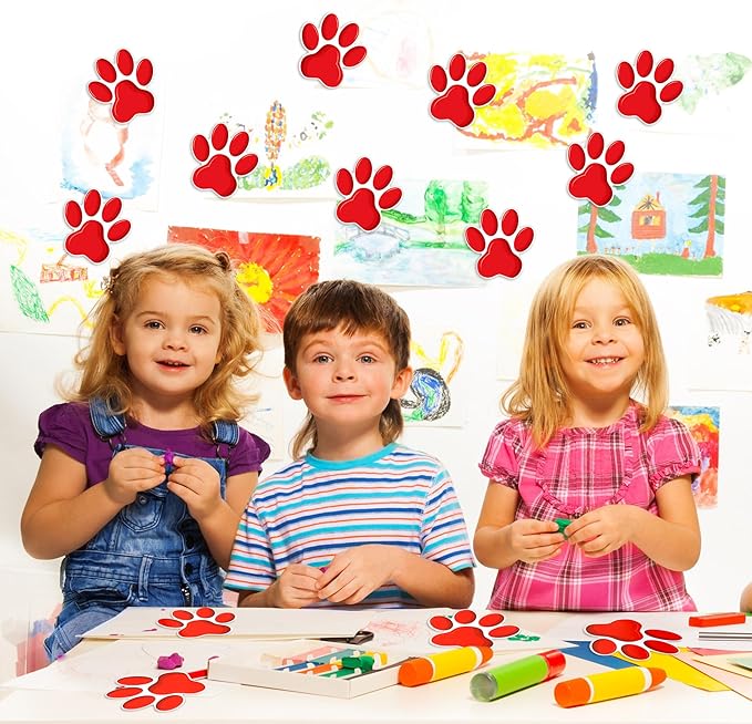 Junkin 60 Pcs Mini Paw Prints Cutouts Accents Bulletin Board Patrol Table Decorations Wall Decal Poster for Kids Educational School Home Party Supplies(Red)