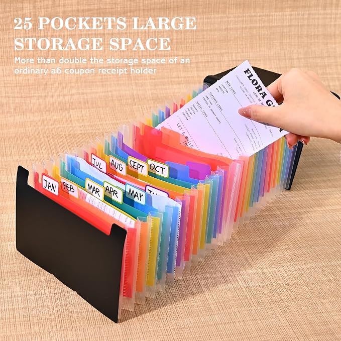 Receipt Coupon Holder Organizer, 25 Pockets Small Accordian File Organizer, Expanding File Folder with Colorful Tabs, A6 Size for Cards, Check, Tickets, Monthly Bills Storage (Black)