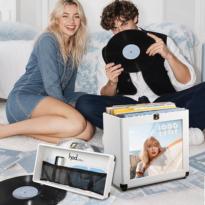 Hododou Vinyl Record Storage Box with Lock Record Organizer Storage for 30+ Single Records 12-inch Water Resistant Collapsible Storage Crate with Lid Handle Mesh Pouch for Vinyl Collect Acrylic White