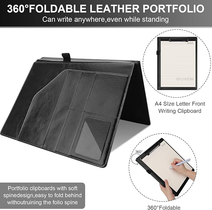 Clipboard Padfolio with Storage Pocket,Clipboard Folder Portfolio Organizer,360 Degree Foldable Clipboards with Refillable Notepad,Faux Leather Padfolio Organizer for Office School Supplies-Dark Black