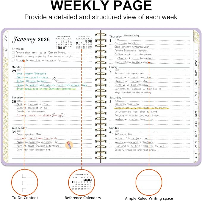 2026 Planner, Weekly and Monthly Academic Year 2026 Calendar(January 2026- December 2026), Agenda Book for School Stuedent, Teacher, Home, Office (Purple(JAN2026-DEC2026))