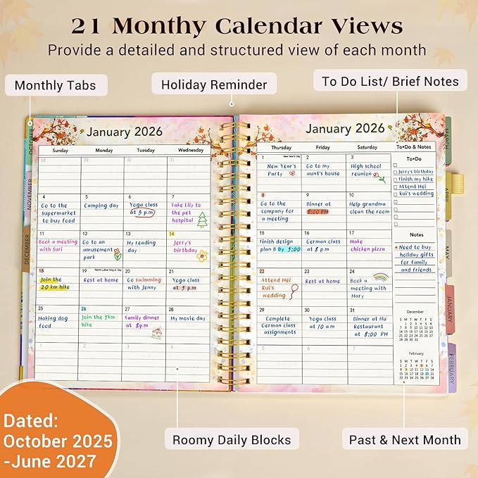 Planner 2026-2027, 18 Months Weekly and Monthly Daily Planner from January 2026 - June 2027, 8.5" x 11" A4 Large Hardcover Agenda Organizer Book 2026 with Tabs, Spiral Yearly Calendar Planners for School Work Home, Colorful Feather
