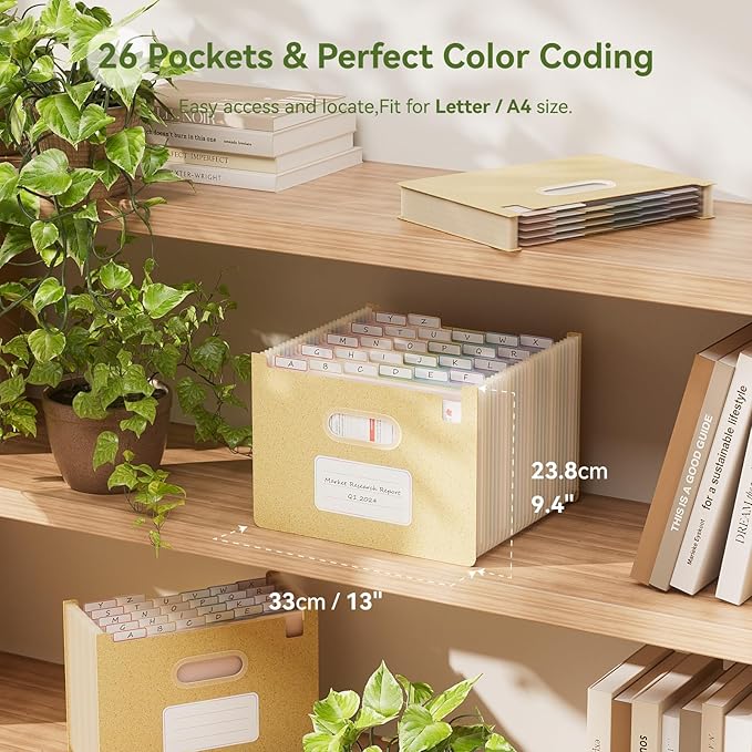 EcoStash 26 Pockets Accordion File Organizer, Wheat Straw File Folders, Upright&Open Top, A-Z Bill Receipt Organizer, 100% BPA Free, Return to Nature, Healthy Living, Letter/A4 Size - Wheat Yellow