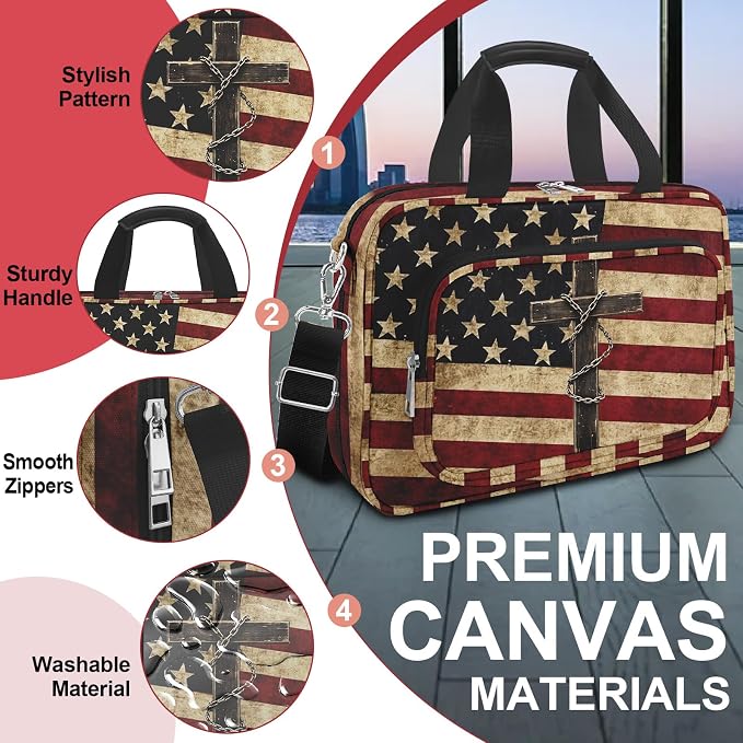 American Flag Cross Bible Cover Case for Women Men Boys,Large Bible Bag Book Carrying Case with Strap Handle Zipper Pocket,Bible Study Supplies Journaling Kit,Bible Organizer Holder Bag,Christian Gift