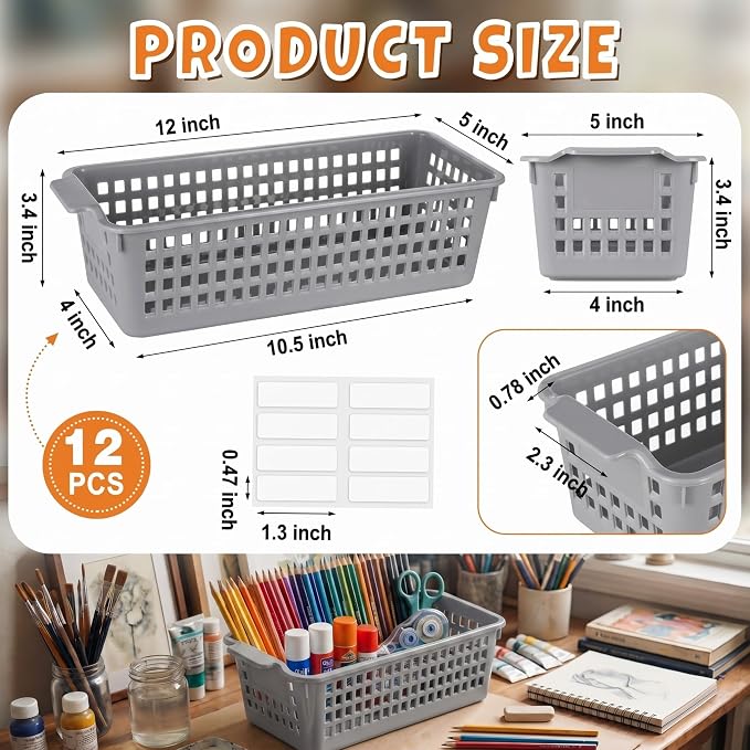 Domensi Gray 12 Pcs Slim Plastic Storage Baskets for Organizing 11.6" x 5" x 3.4" Small Narrow Storage Bins with Handles & Label Area Thin Pencil Trays for Bathroom Drawer Office Desk Closet
