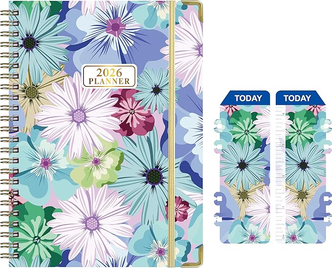 2026 Weekly and Monthly Planner, Medium 6.2 x 8.5 Inch, Hardcover with Floral Design, Jan-Dec Calendar, Spiral-Bound with Monthly Tabs, 100 GSM Paper (yellow flower) (puple blue flower))