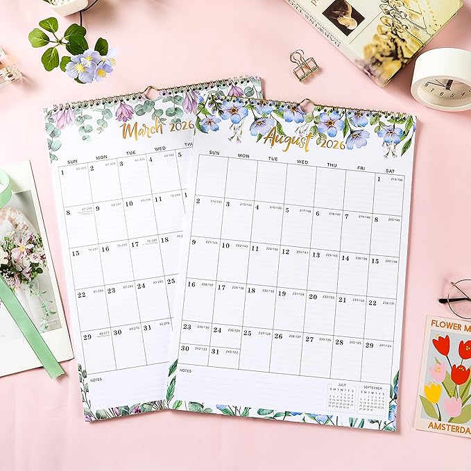 2026 Wall Calendar - Calendar 2026 Wall, Jan 2026 - DEC 2026, 12" x 17", Large Blocks, Hanging 2026 Wall Calendar 12 Months, Floral Calendar for Living Room