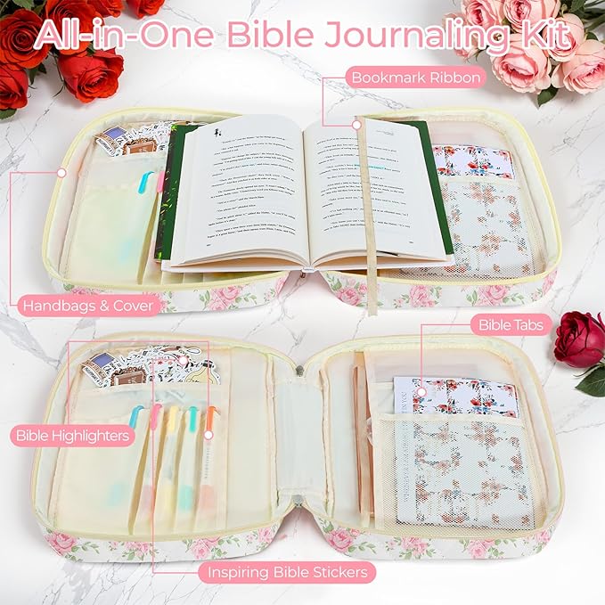WOBAGMEN Bible Cover Case for Women,Large Bible Tote Bags Organizer Quilted Carrying Case for Girls,Bible Study Supplies Accessories Christian Gifts for Women (Big Pink Floral, M)