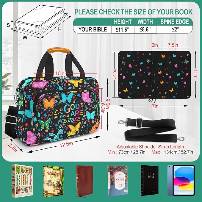 Bible Cover for Women,Bible Carrying Case,Large Bible Bag for Woman Organizer,Butterfly Bible Holder,With God All Things Are Possible,Bible Study Supplie Kit With Highlighters,Tabs,Pens,Christian Gift