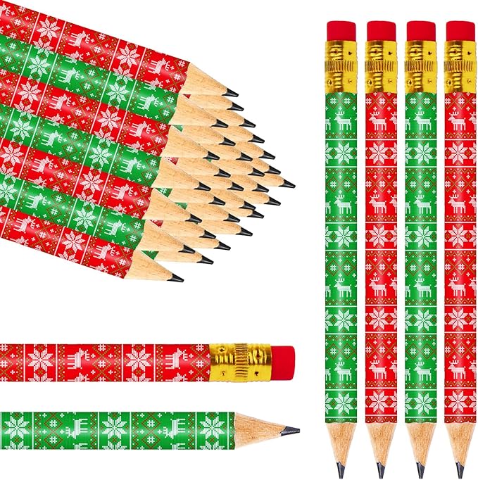 JarThenaAMCS 50 Pcs Christmas Short Pencil with Eraser 4 In Red Green Ugly Sweater Themed Writing Pencil Wood Xmas Winter Half Pencils for Classroom Office Stationery Gift