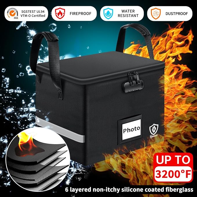Fireproof Photo Storage Box with Lock, Holds 36 Inner 4"x6" and 3 Large 8"x12" Photo Cases, Waterproof Picture File Organizer, Portable Photos Boxes Containers for Valuables, Photos, Crafts, Documents