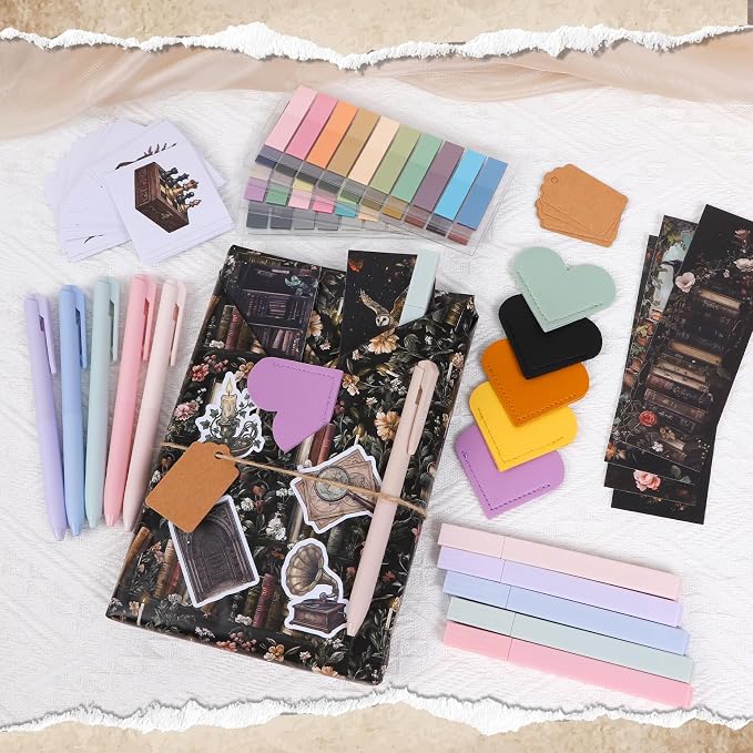 Blind Date with a Book Gift Box 6 Set Blind Book Date Gift Supplies Includes Kraft Paper Tags Bookmark Pens Stickers for Women Book Lover Club Librarian Bookish Reader Gifts (Dark Academia)