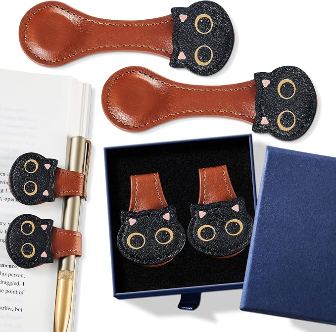 2Pcs Magnetic Leather Bookmarks with Gift Box Magnetic Pen Holder Book Marks Clip Gift for Book Lover Readers Men Women Teachers Students, Cat (Brown+Brown)