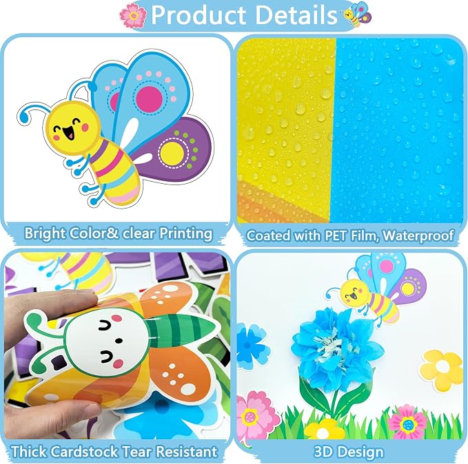 109 PCS Spring Bulletin Board Decorations Set Spring Flower Kite Cutouts with 3D Tissue Paper Pompoms Back to School Classroom Decor Colorful Floral Butterfly Decor for School Office Home Wall Supply