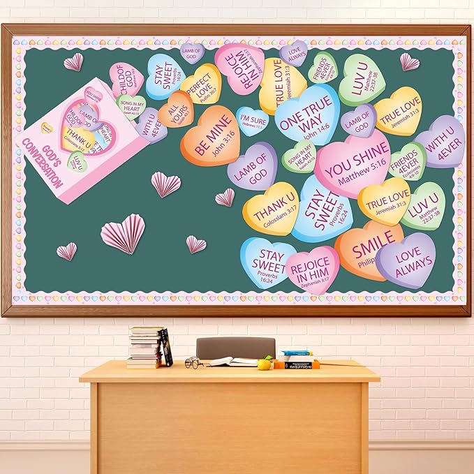 3D Valentine’s Day Conversation Heart Christian Bulletin Board Decorations Candy Heart Cutouts Border Trim Religious Jesus Sunday School Classroom Door Decor for Chalkboard Valentines Party Supplies