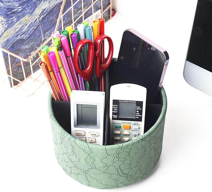Round Leather Art Supply Organizer,Remote Control Holder,360 Degree Spinning,Multi-Functional Pencil Holder,4 Compartments Desktop Stationary Organizer(1-Lace Flower Green1)