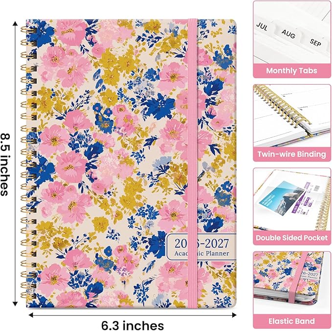 Planner 2026-2027, Academic Year Weekly and Monthly Calender Planner, from Jul 2026 - Jun 2027, Spiral Bound School Planning Book, Perfect for Teacher, Student, Women & Men, A5 (6.3" x 8.5"), Pink Garden