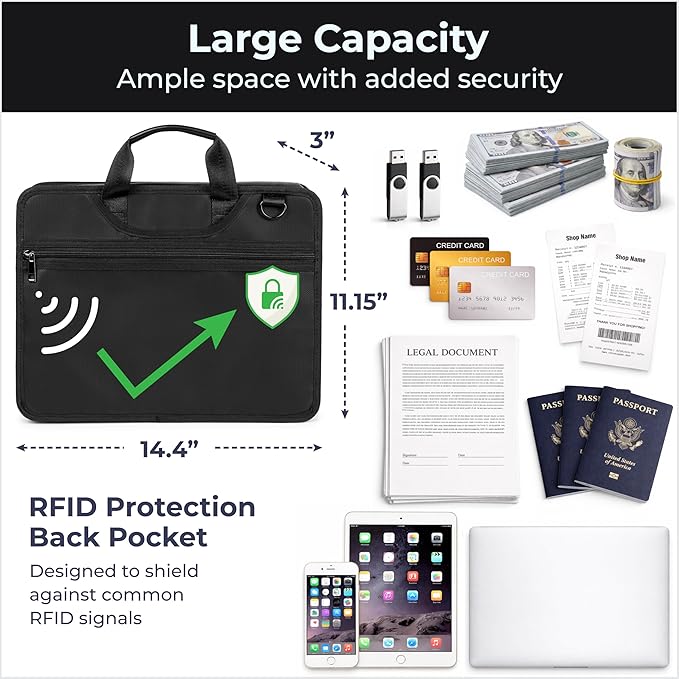 Accordion File Organizer Fireproof, Water-Resistant Document Bag-13 Pocket File Folder-RFID Pocket,Labels,Combination Lock,Reflective Shoulder Strap-Important Document Folder-Home,Office,Travel