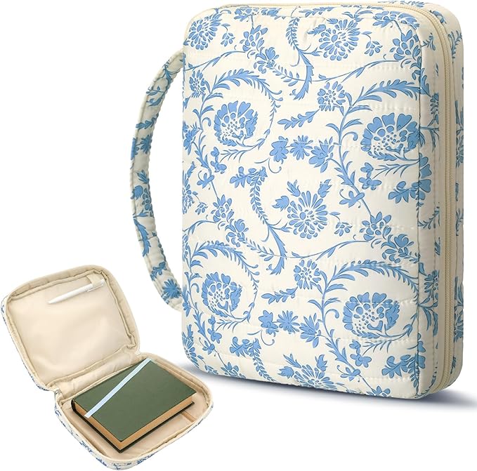 Aliceset Large Bible Cover Case for Women, Vintage Floral Quilted Cotton Bible Carrying Case Organizer Bag with Handle and Zipper, for Christian Easter Gifts, Study Supplies Accessories