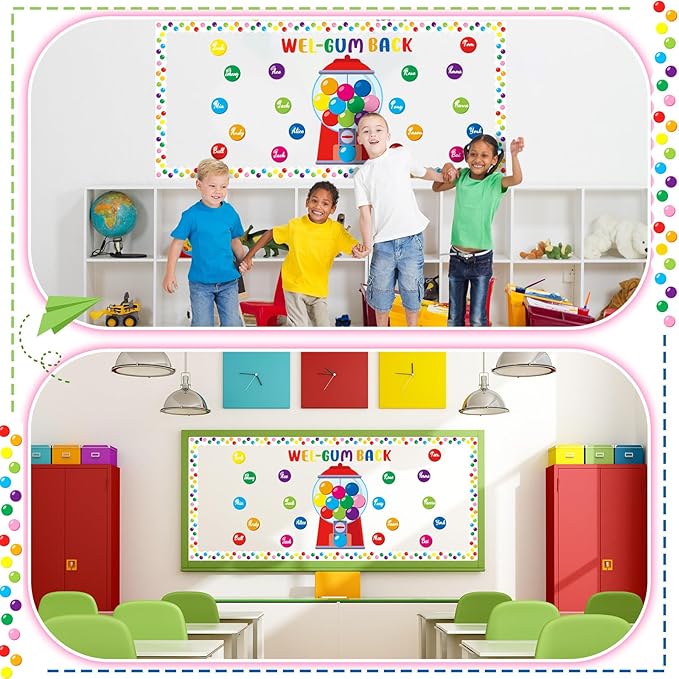 Gilprop 100 Pcs Gumball Machine Bulletin Board Decoration Set Colorful Bubble Gumballs Borders Cutouts for Back to School Classroom Welcome Candy Theme Chalkboard Wall Decor