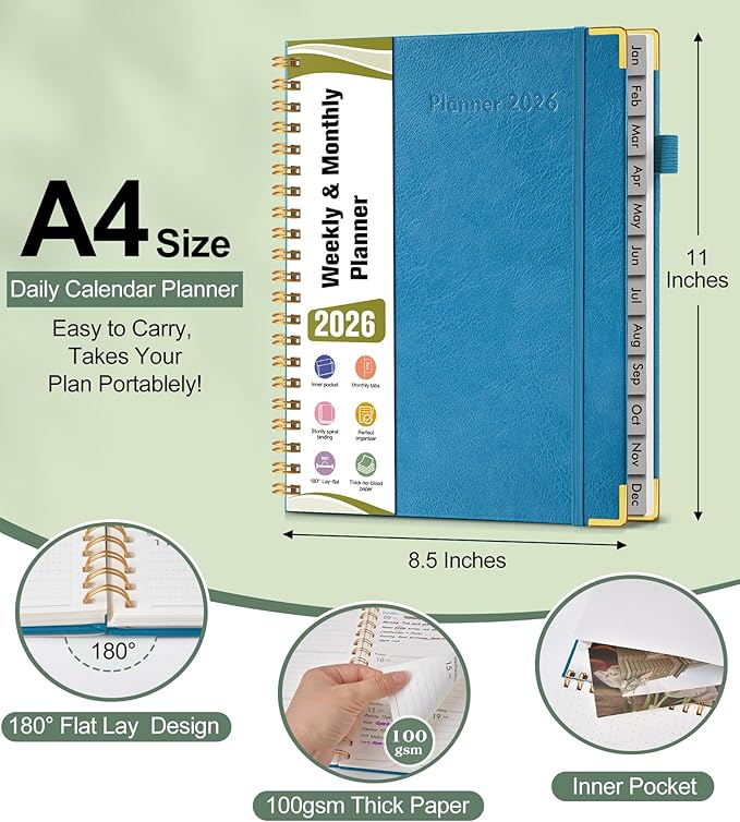 2026 Planner, Hardcover Leather Weekly and Monthly Planner, January 2026 - December 2026, Spiral Yearly Agenda Organizer Book 2026 with Tabs, Daily Calendar Planners for School Work Home, A4 (8.5" x 11"), Pacific Green