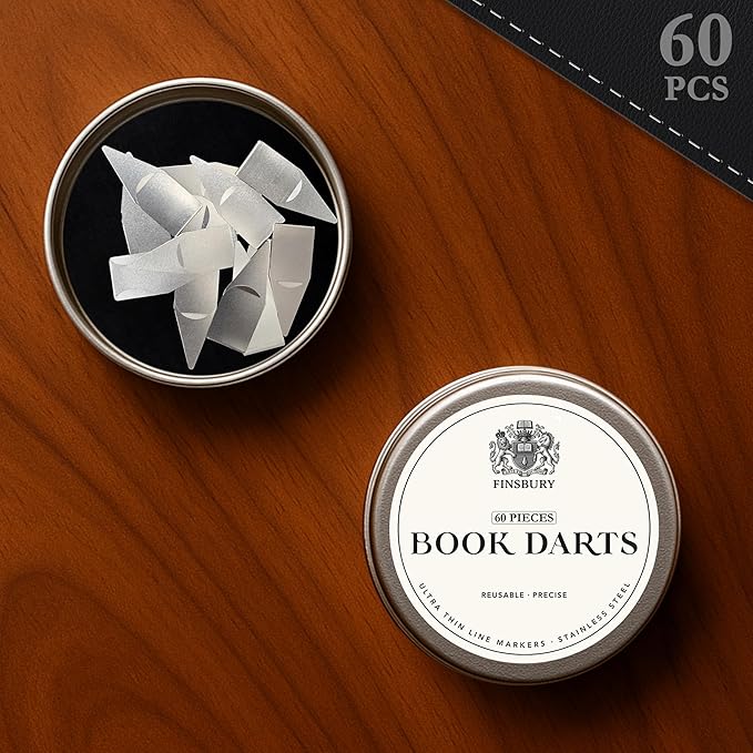 Finsbury Book Darts Stainless Steel Line Markers with Protective Tin - 60 Count - Precision Mini Book Mark Page Markers for Reading and Study - Reusable & Archival Quality (60 Pack)