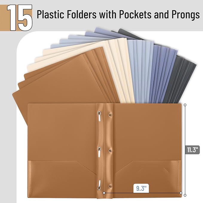 Mr. Pen- Plastic Folders with Pockets and Prongs, 15 Pack, Letter Size, Assorted Modern Tones, Flexible Plastic Folders with Prongs
