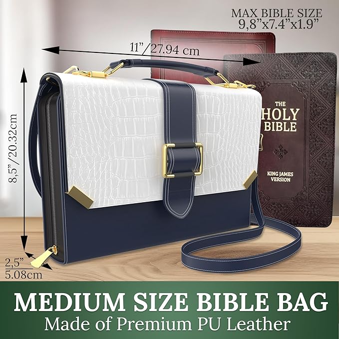 DEHITE Bible Cover Case for Women – Bible Carrying Bag for Women – Black and White Large Purse Case – Fits Book 9.8x7.4 x1.9 in – Pen Slots – Zippered Pocket – Shoulder Strap – Premium PU Leather