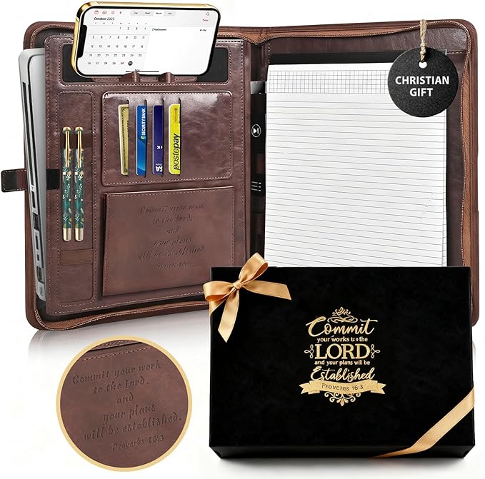 Leather Portfolio for Men and Women – Business Binder Portfolio, Professional Organizer for Men and Women, Christian Gifts, Laptop & iPad Case, Bible Notepad Holder (Brown)