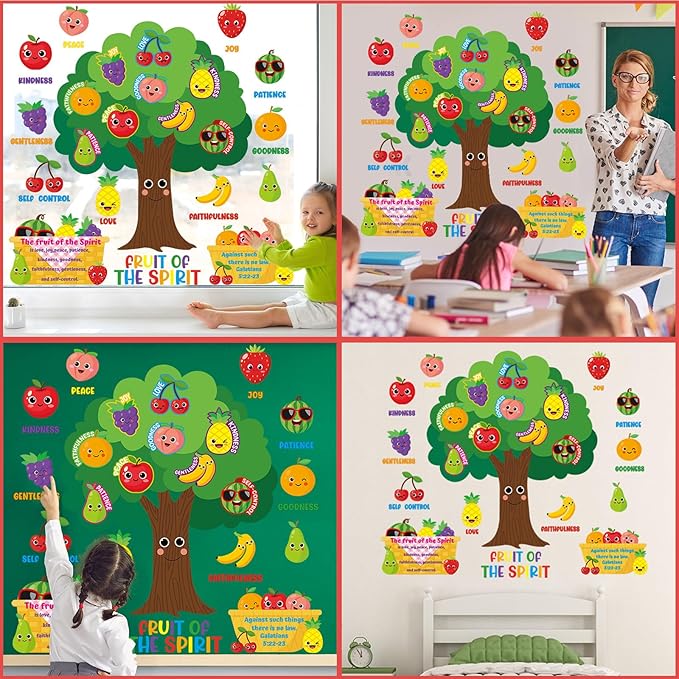 Fruit of The Spirit Bulletin Board Set VBS Vacation Bible School Paper Cutouts Back to School Classroom Decorations Wall Tree Decor for Sunday School Christian Nursery Chalkboard Door Teacher Supplies