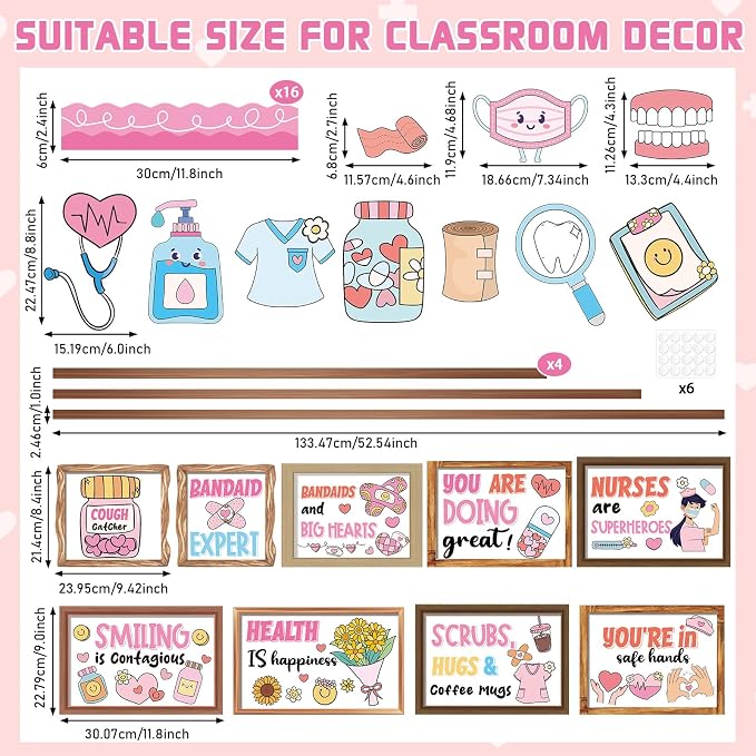 Nurse Bulletin Board Decorations Set Health Inspirational Bookshelf Classroom Decoration Back to School Bulletin Board Positive Nursing Paper Cutout for Nurse Day Hospital Clinic Medical RN Wall Decor